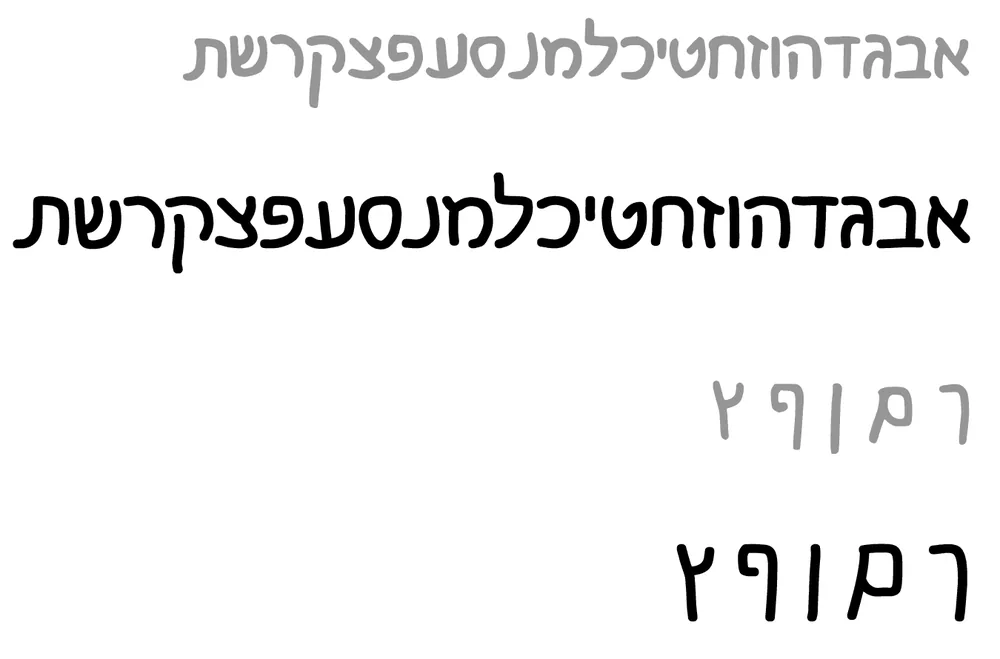 האלפבית של האותיות של דניאל לפני הליטוש ואחריו: באפור הגרסה הראשונה, בשחור הגרסה המלוטשת